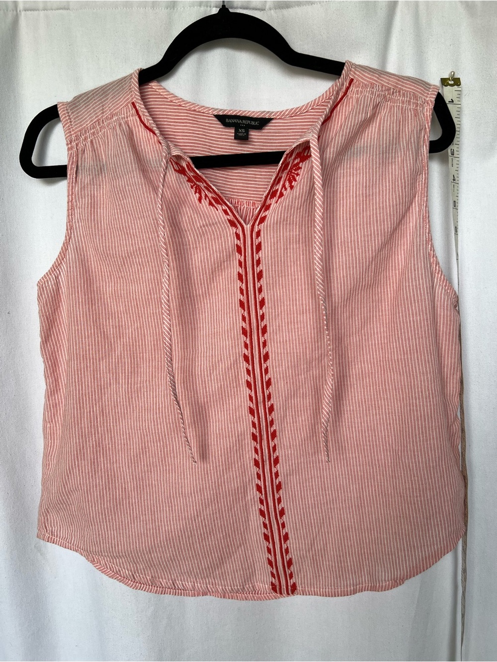 Banana Republic Pink Striped Sleeveless Top with Red Embroidered Trim